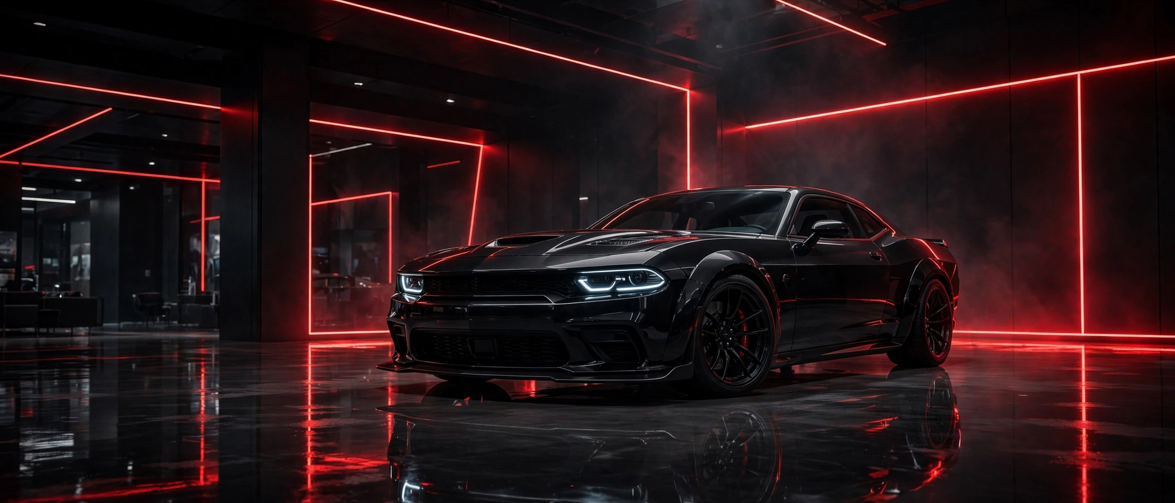 Black performance car in a red-lit showroom